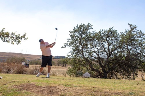 Anthony Barnard tees off from the 3rd donning the Treverton peak given out to each player
