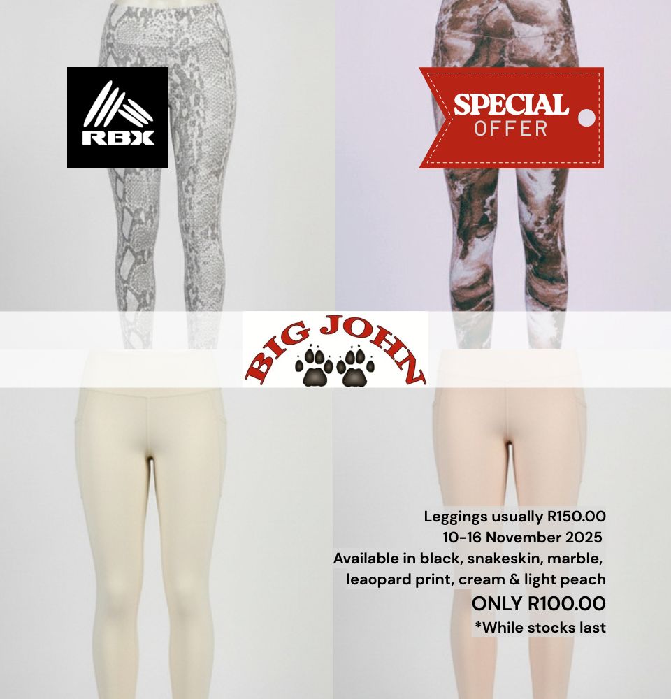 Leggings usually R150.00 10 16 November 2025 Available in black snakeskin marble leaopard print cream light peach ONLY R100.00 While stocks last 2