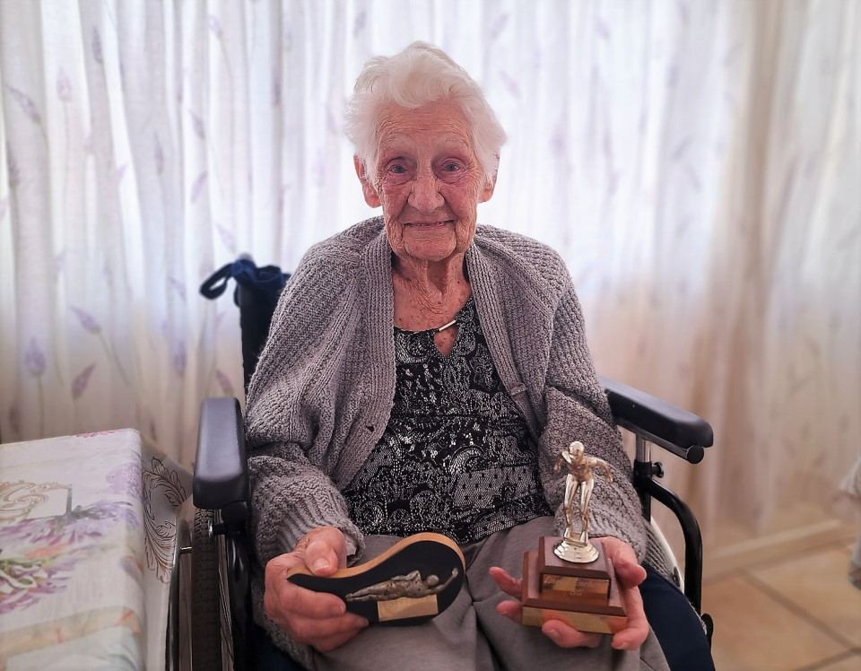 99 year old Lorna Cochran with Midmar trophies 960
